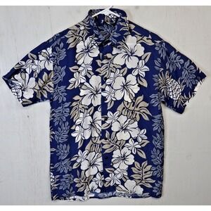 True Vintage Malihini Hawaiian Shirt Size M Medium Blue Floral Button Front